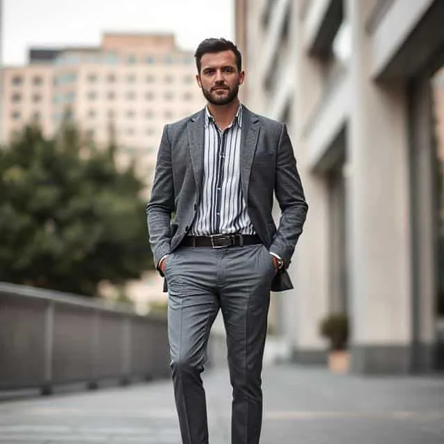 all man dressed in a tailored blazer, vertical striped shirt, slim-fit trousers, and sleek shoes, standing confidently in an urban setting