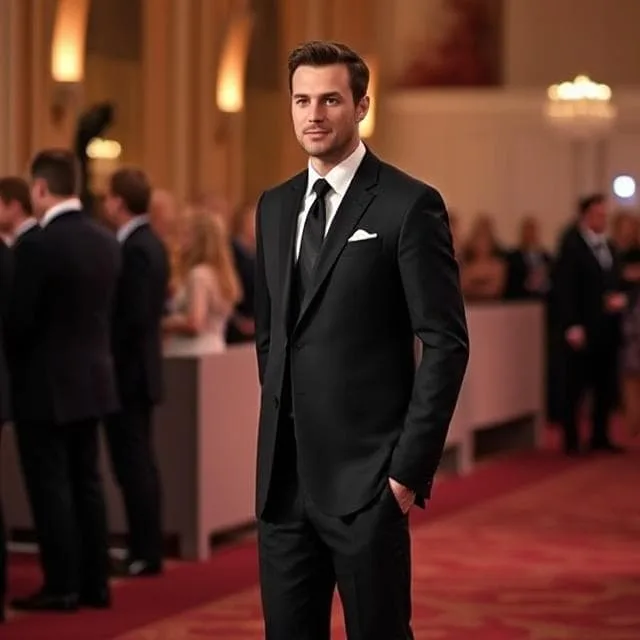 > "Tall man wearing a perfectly tailored black suit, with a slim tie, formal shoes, and a crisp white dress shirt, standing confidently at a formal event."
