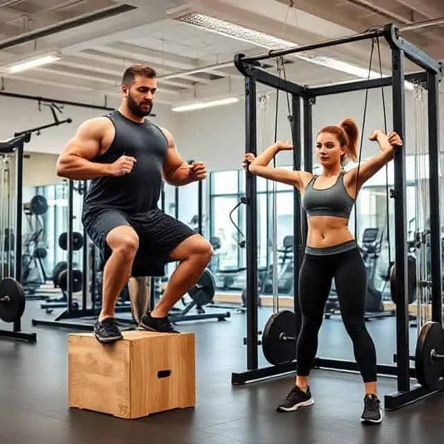 "Tall man and woman in a modern gym performing compound exercises. They are using custom workout equipment sized for their height. One is doing box squats, the other doing cable core work. The gym is bright and spacious with a friendly atmosphere."