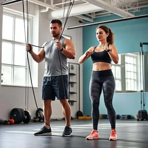 "Tall man and woman doing functional fitness training in a bright gym. The man is using resistance bands and the woman is doing bird-dog exercises. Both are in proper form with tall-friendly space and equipment."