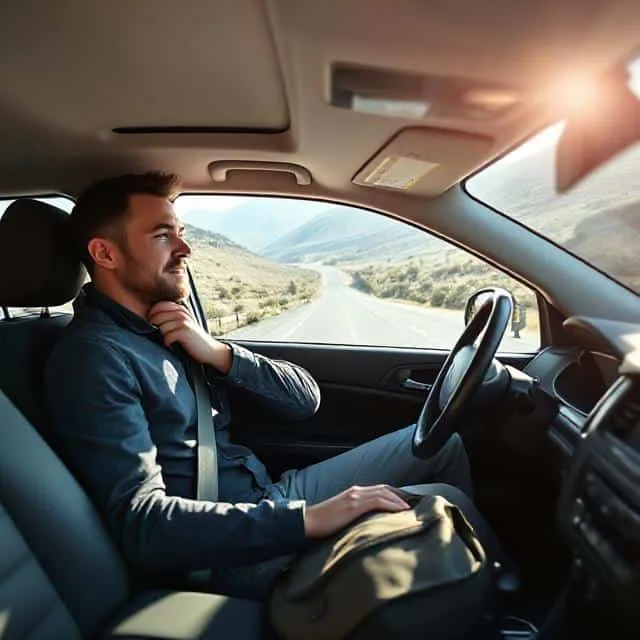 A tall man adjusting the driver’s seat in an SUV with a scenic highway in the background, gear bag by the passenger seat, bright natural light streaming through the windshield.