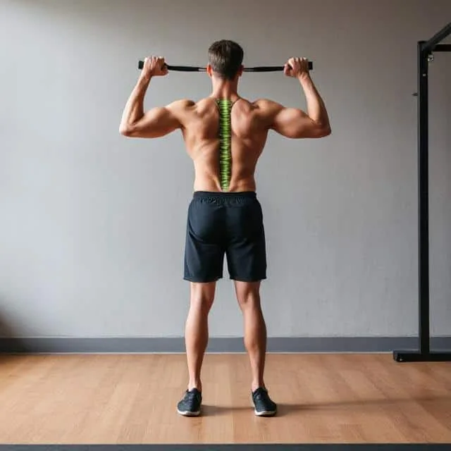 "A tall individual performing a strength training exercise with proper form and posture, engaging the core to protect the spine and joints."