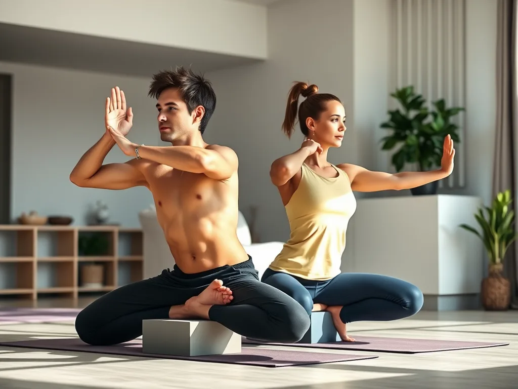 "Tall teenage boy and adult woman doing yoga and posture exercises in a home workout setting. They are stretching, with calm expressions, and using props like yoga blocks suited for tall bodies."
