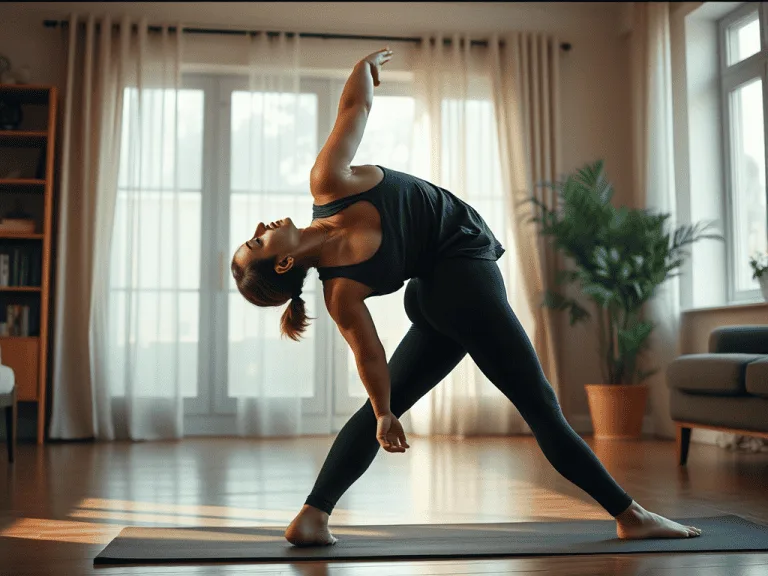 "A tall individual doing a stretching routine focused on back and hip mobility, performing a spinal twist on a yoga mat in a home setting with calm ambiance."