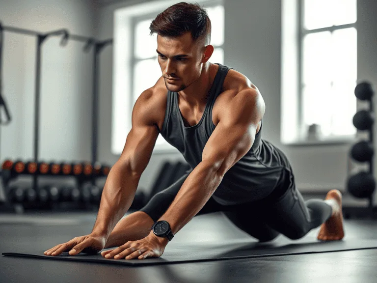 "A tall person doing a core-strengthening exercise like a plank, with a focus on good posture and alignment, set in a gym with a calm atmosphere."