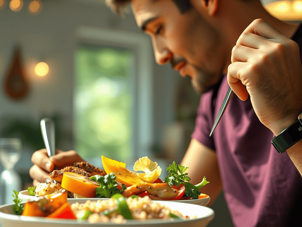 "A tall person enjoying a nutritious meal, with healthy foods like grilled chicken, vegetables, and quinoa, emphasizing nutrition for fitness and health."
