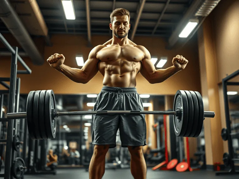 "A tall athlete performing a strength training exercise, such as deadlifts or squats, in a gym environment, with a focus on posture and form."