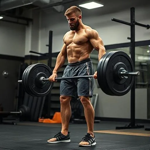 "A tall athlete performing a deadlift in a gym, focusing on proper form and technique."