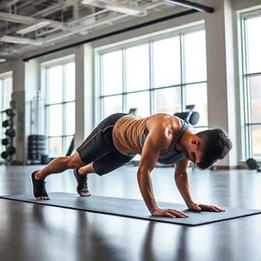 "A tall person practicing core exercises like planks or bridges in a bright, modern gym setting, focusing on maintaining proper posture and alignment."