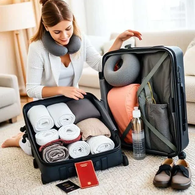 woman confidently packing a suitcase with rolled clothes, compression cubes, and a neck pillow. A passport, water bottle, and shoes are neatly laid out nearby in a cozy, modern room.